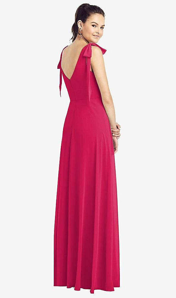 【STYLE: TH018】Bow-Shoulder V-Back Chiffon Gown with Front Slit【COLOR: Vivid Pink】