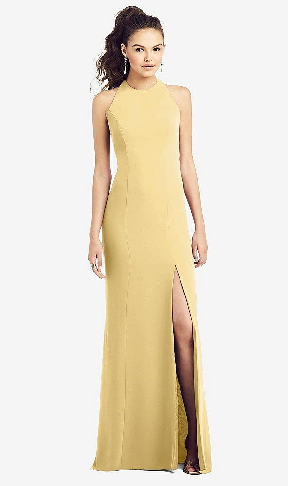 【STYLE: TH020】Open-Back Jewel Neck Trumpet Gown with Front Slit【COLOR: Buttercup】