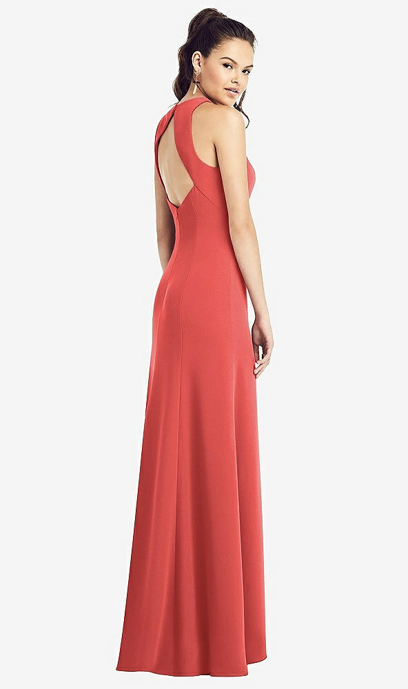 【STYLE: TH020】Open-Back Jewel Neck Trumpet Gown with Front Slit【COLOR: Perfect Coral】
