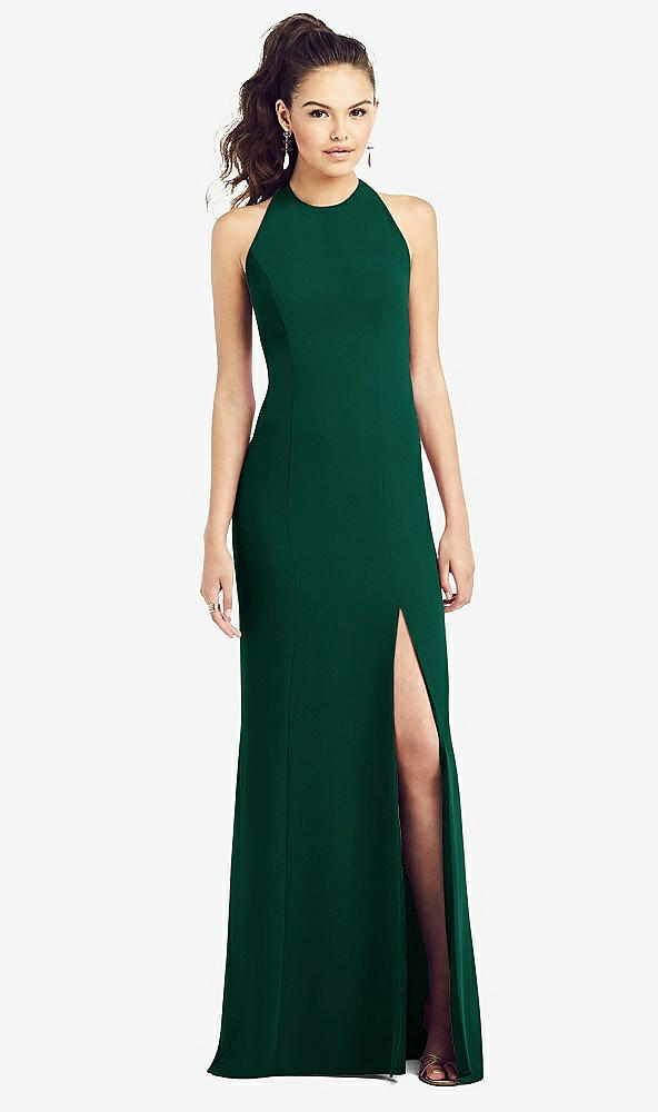 【STYLE: TH020】Open-Back Jewel Neck Trumpet Gown with Front Slit【COLOR: Hunter Green】
