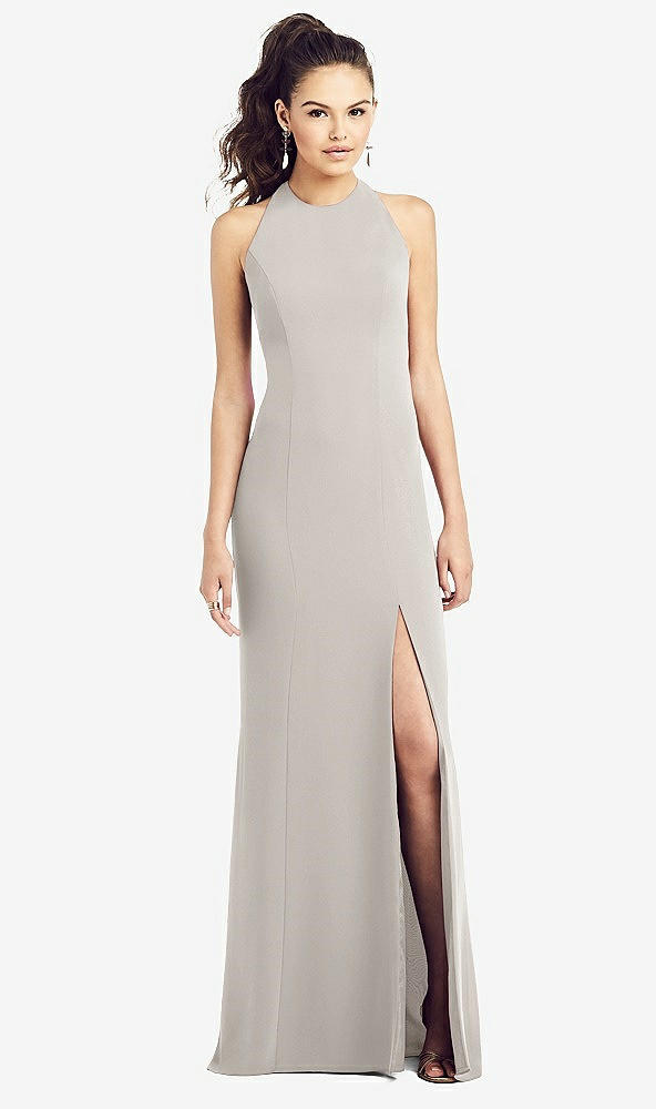 【STYLE: TH020】Open-Back Jewel Neck Trumpet Gown with Front Slit【COLOR: Oyster】