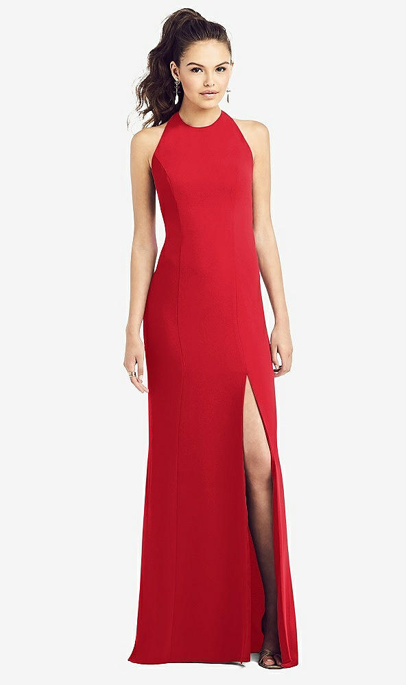 【STYLE: TH020】Open-Back Jewel Neck Trumpet Gown with Front Slit【COLOR: Parisian Red】