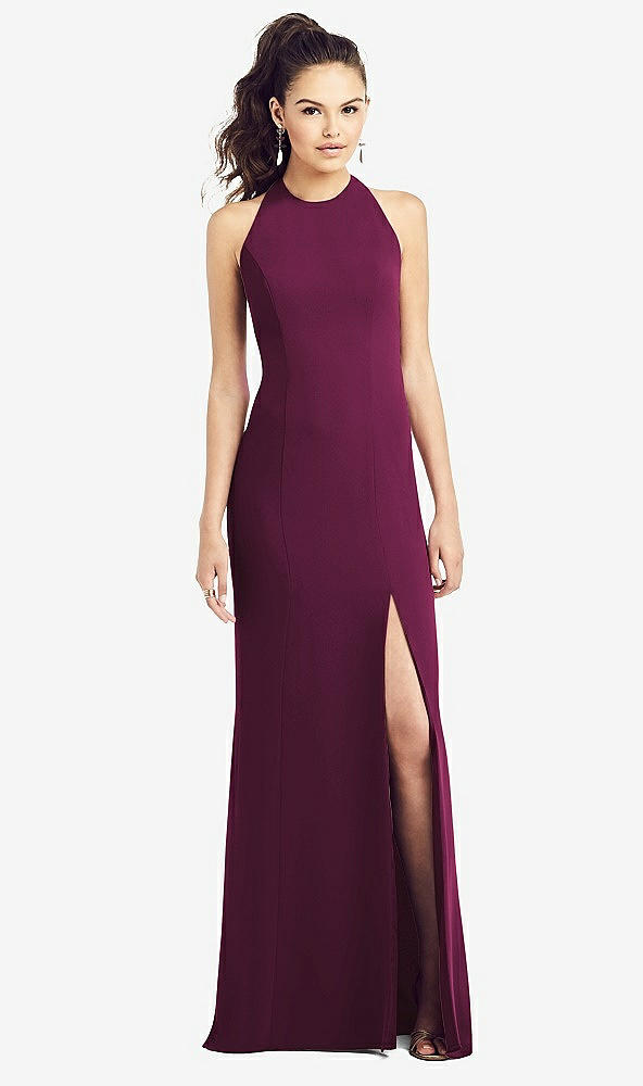 【STYLE: TH020】Open-Back Jewel Neck Trumpet Gown with Front Slit【COLOR: Ruby】