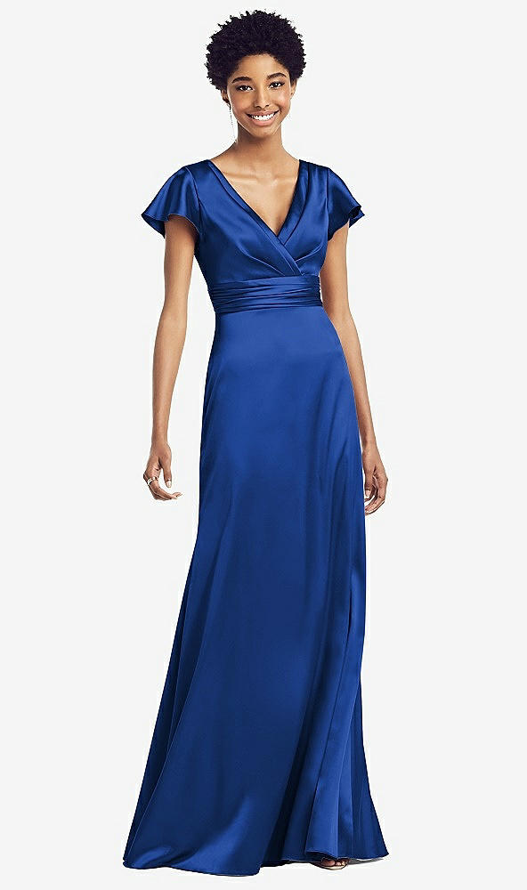 【STYLE: 8197】Flutter Sleeve Draped Wrap Stretch Maxi Dress【COLOR: Sapphire】