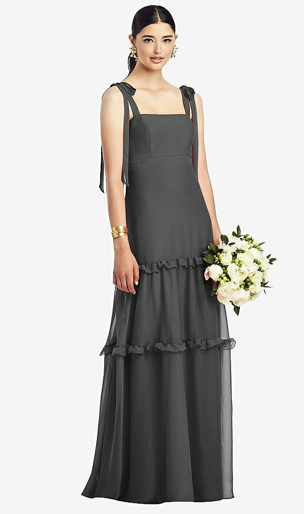 【STYLE: 1529】Bowed Tie-Shoulder Chiffon Dress with Tiered Ruffle Skirt【COLOR: Charcoal Gray】