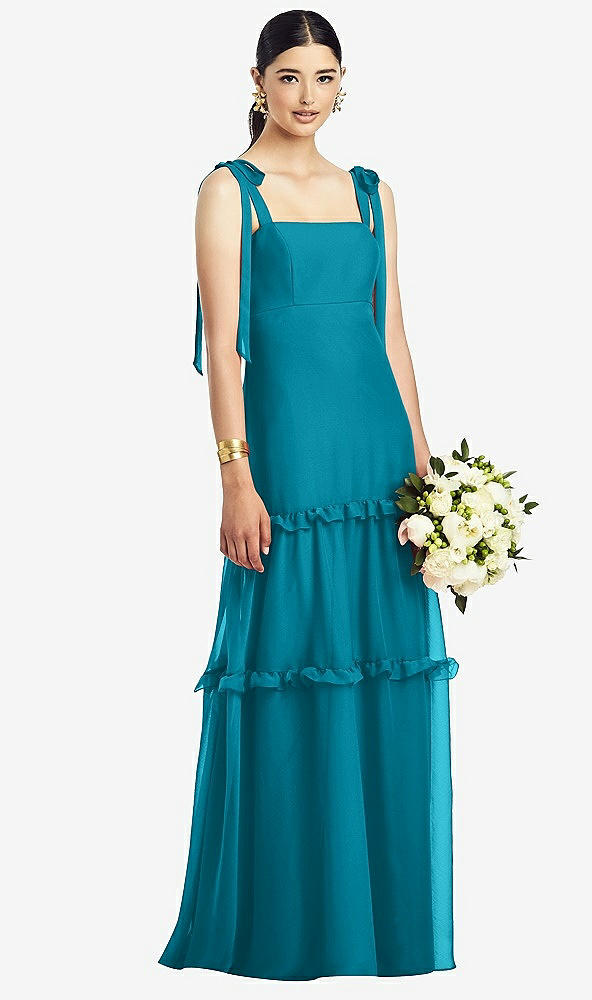【STYLE: 1529】Bowed Tie-Shoulder Chiffon Dress with Tiered Ruffle Skirt【COLOR: Oasis】