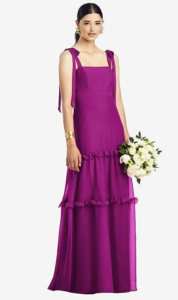 【STYLE: 1529】Bowed Tie-Shoulder Chiffon Dress with Tiered Ruffle Skirt【COLOR: Persian Plum】