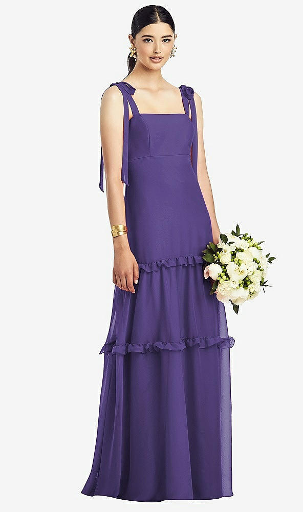 【STYLE: 1529】Bowed Tie-Shoulder Chiffon Dress with Tiered Ruffle Skirt【COLOR: Regalia - PANTONE Ultra Violet】