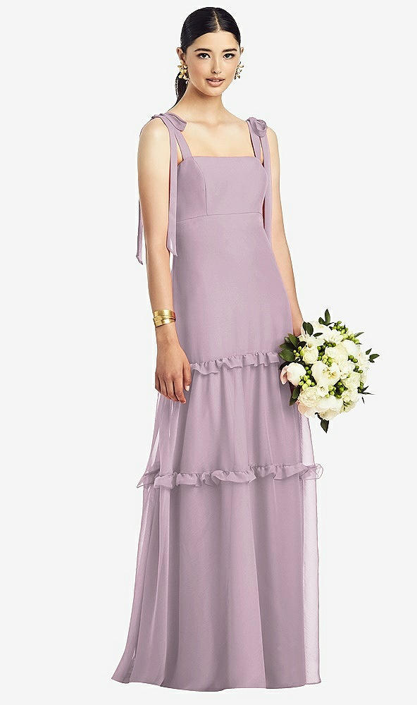 【STYLE: 1529】Bowed Tie-Shoulder Chiffon Dress with Tiered Ruffle Skirt【COLOR: Suede Rose】