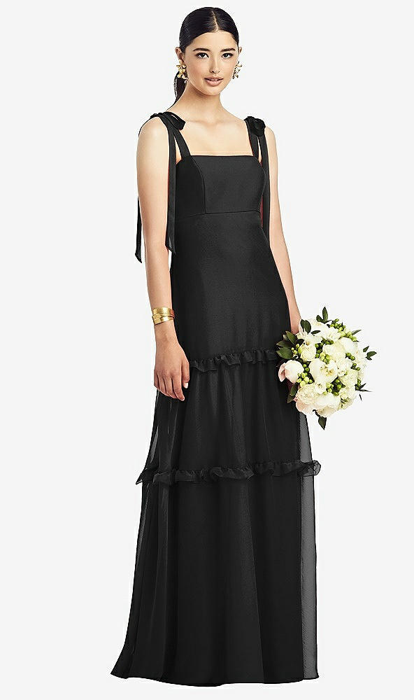 【STYLE: 1529】Bowed Tie-Shoulder Chiffon Dress with Tiered Ruffle Skirt【COLOR: Black】