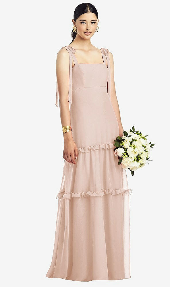 【STYLE: 1529】Bowed Tie-Shoulder Chiffon Dress with Tiered Ruffle Skirt【COLOR: Cameo】