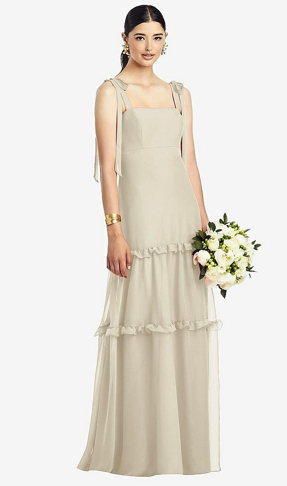 【STYLE: 1529】Bowed Tie-Shoulder Chiffon Dress with Tiered Ruffle Skirt【COLOR: Champagne】