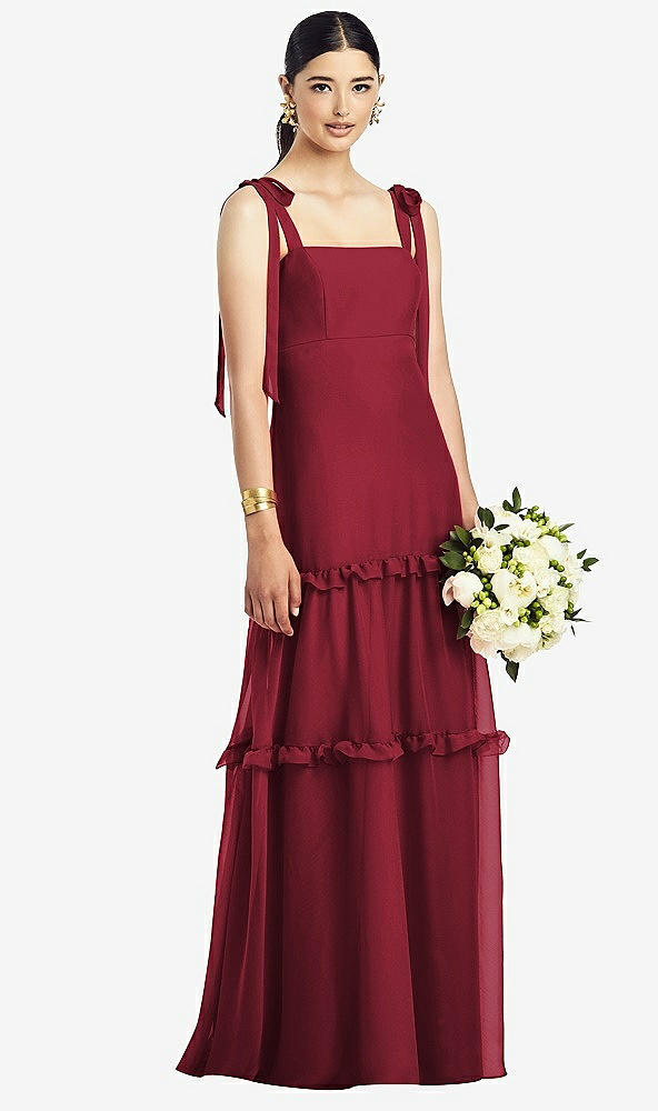 【STYLE: 1529】Bowed Tie-Shoulder Chiffon Dress with Tiered Ruffle Skirt【COLOR: Claret】