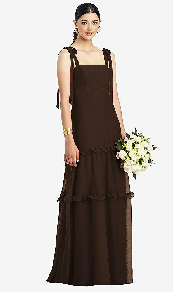 【STYLE: 1529】Bowed Tie-Shoulder Chiffon Dress with Tiered Ruffle Skirt【COLOR: Espresso】