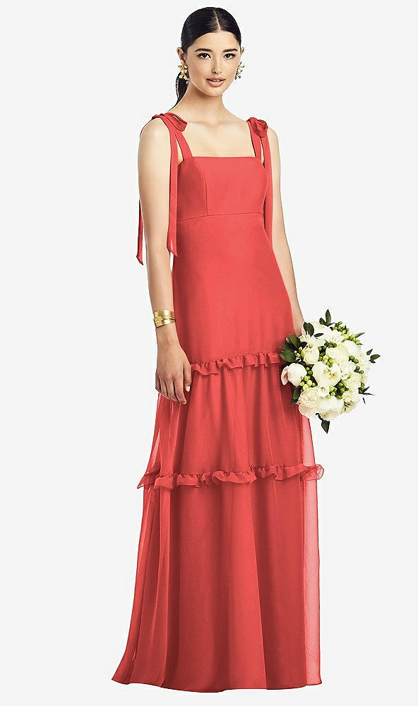 【STYLE: 1529】Bowed Tie-Shoulder Chiffon Dress with Tiered Ruffle Skirt【COLOR: Perfect Coral】