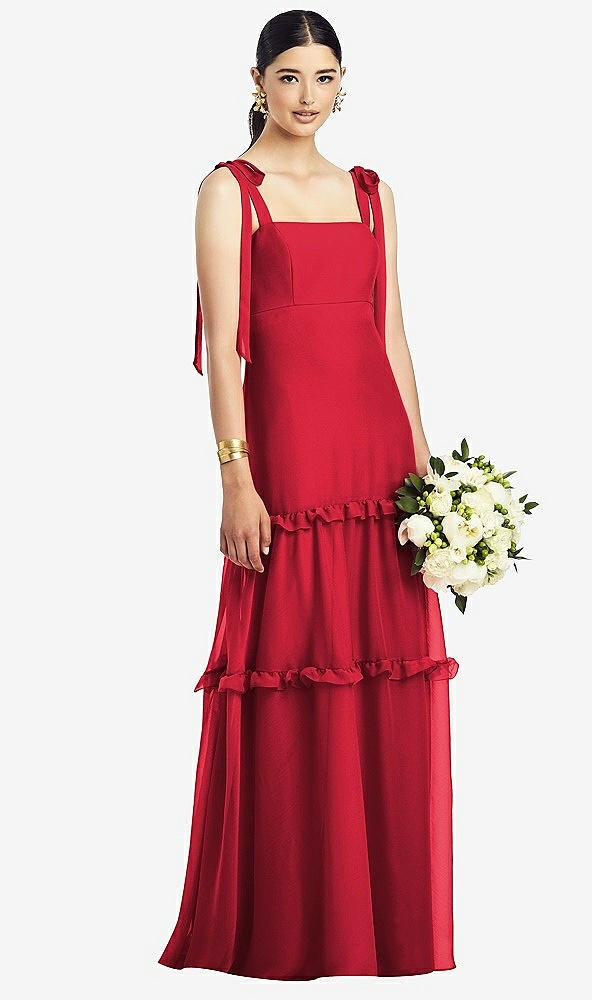 【STYLE: 1529】Bowed Tie-Shoulder Chiffon Dress with Tiered Ruffle Skirt【COLOR: Flame】
