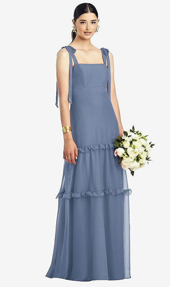 【STYLE: 1529】Bowed Tie-Shoulder Chiffon Dress with Tiered Ruffle Skirt【COLOR: Larkspur Blue】