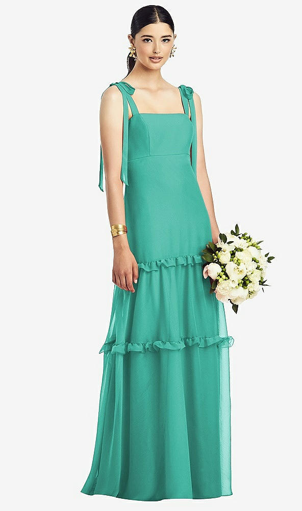 【STYLE: 1529】Bowed Tie-Shoulder Chiffon Dress with Tiered Ruffle Skirt【COLOR: Pantone Turquoise】