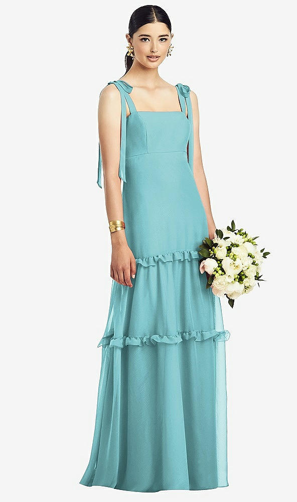 【STYLE: 1529】Bowed Tie-Shoulder Chiffon Dress with Tiered Ruffle Skirt【COLOR: Spa】