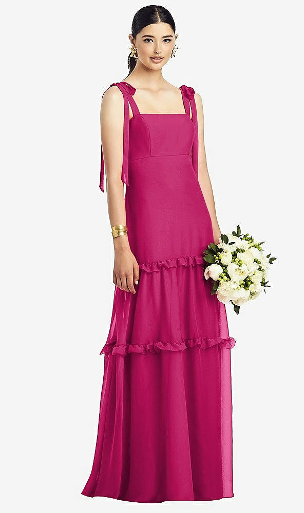 【STYLE: 1529】Bowed Tie-Shoulder Chiffon Dress with Tiered Ruffle Skirt【COLOR: Tutti Frutti】