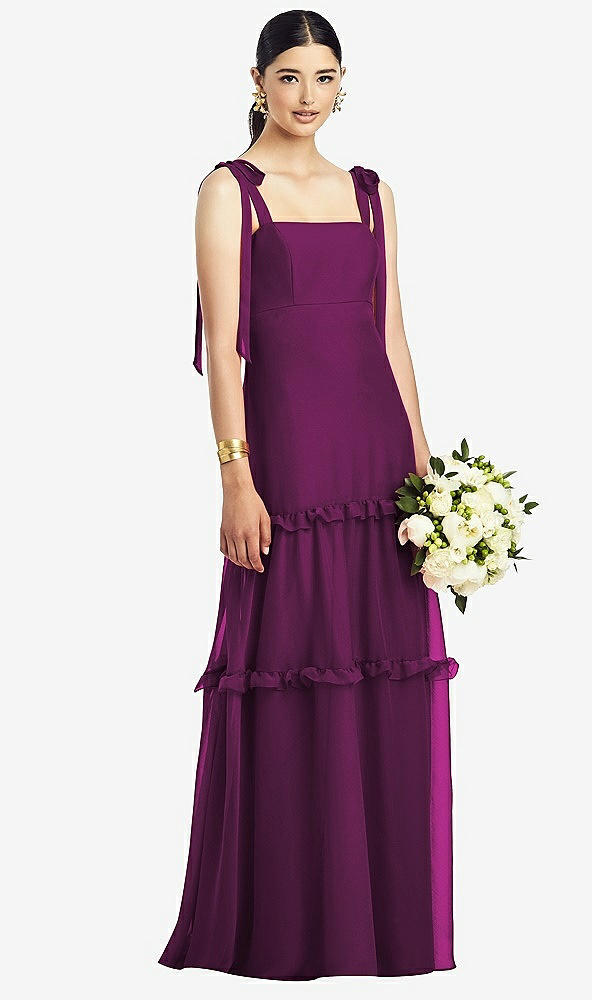 【STYLE: 1529】Bowed Tie-Shoulder Chiffon Dress with Tiered Ruffle Skirt【COLOR: Wild Berry】