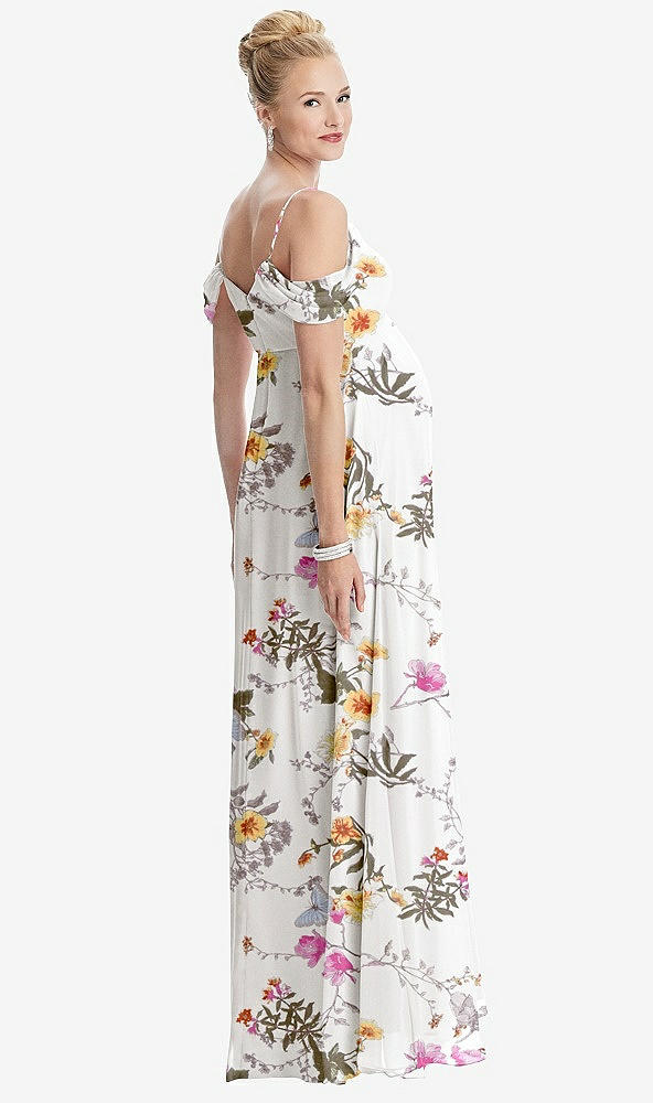 【STYLE: M442】Draped Cold-Shoulder Chiffon Maternity Dress【COLOR: Butterfly Botanica Ivory】
