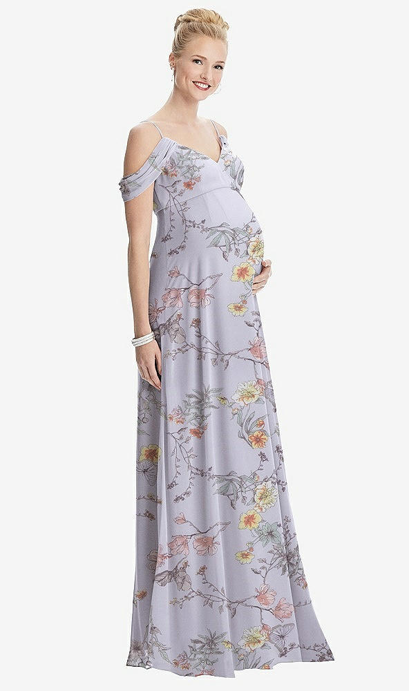 【STYLE: M442】Draped Cold-Shoulder Chiffon Maternity Dress【COLOR: Butterfly Botanica Silver Dove】