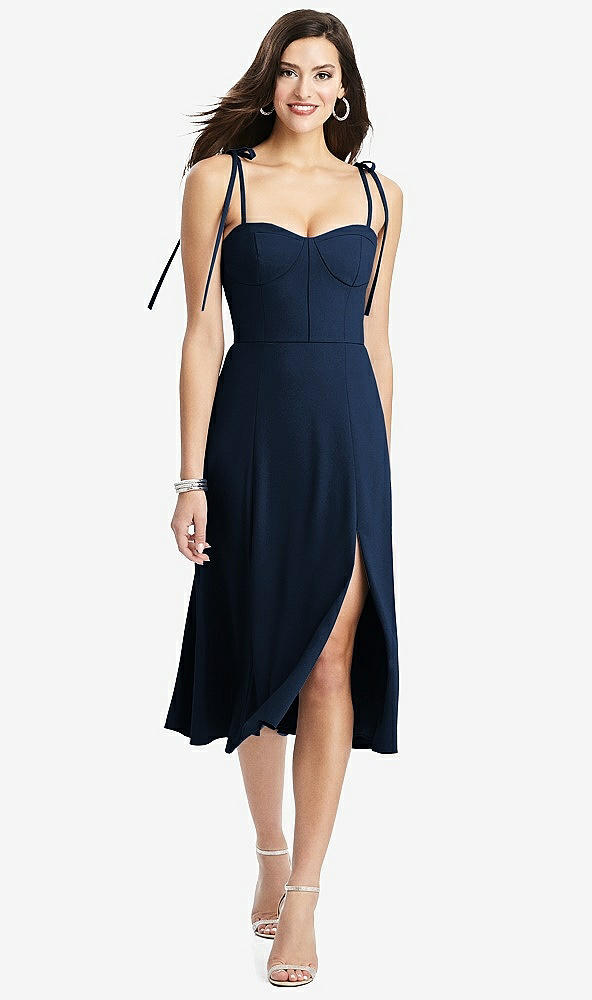 【STYLE: 3069】Bustier Crepe Midi Dress with Adjustable Bow Straps【COLOR: Midnight Navy】