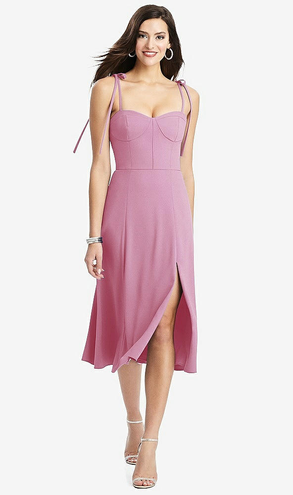 【STYLE: 3069】Bustier Crepe Midi Dress with Adjustable Bow Straps【COLOR: Powder Pink】