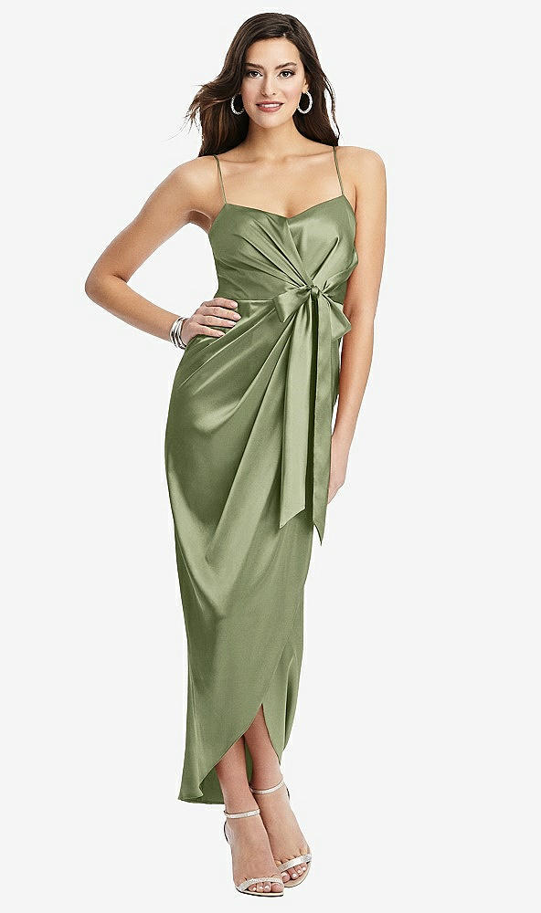 【STYLE: 6828】Faux Wrap Midi Dress with Draped Tulip Skirt【COLOR: Kiwi】