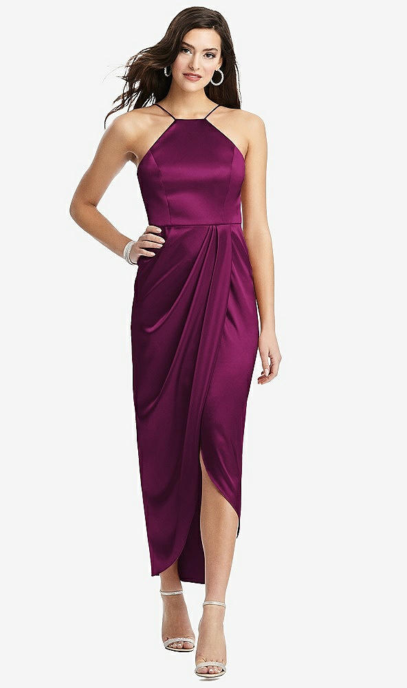 【STYLE: 6829】Halter Midi Dress with Draped Tulip Skirt【COLOR: Merlot】
