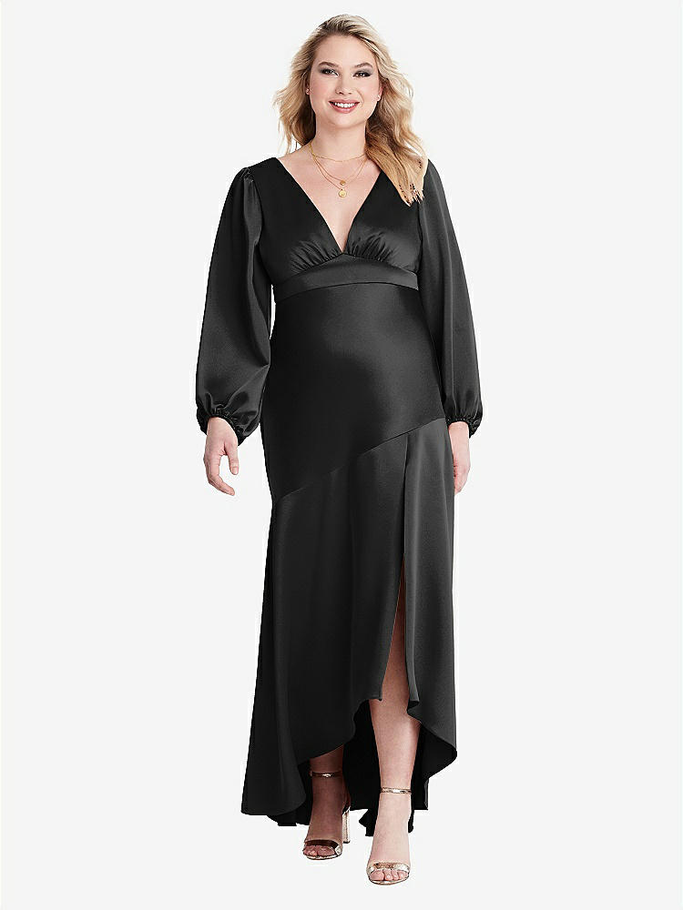 【NEW】【STYLE: LB008】パフ スリーブ 非対称 ドロップ ウエスト ハイロー スリップ ドレス - ティーガン【COLOR: Black】【SIZE: 00-30W】
