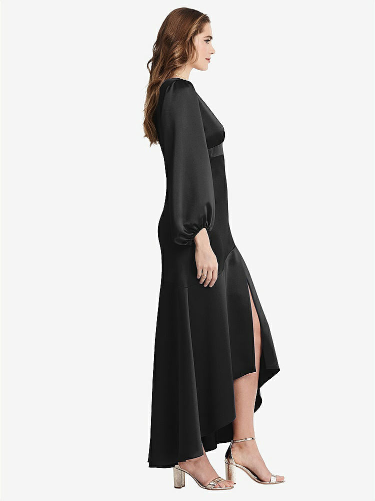 【NEW】【STYLE: LB008】パフ スリーブ 非対称 ドロップ ウエスト ハイロー スリップ ドレス - ティーガン【COLOR: Black】【SIZE: 00-30W】