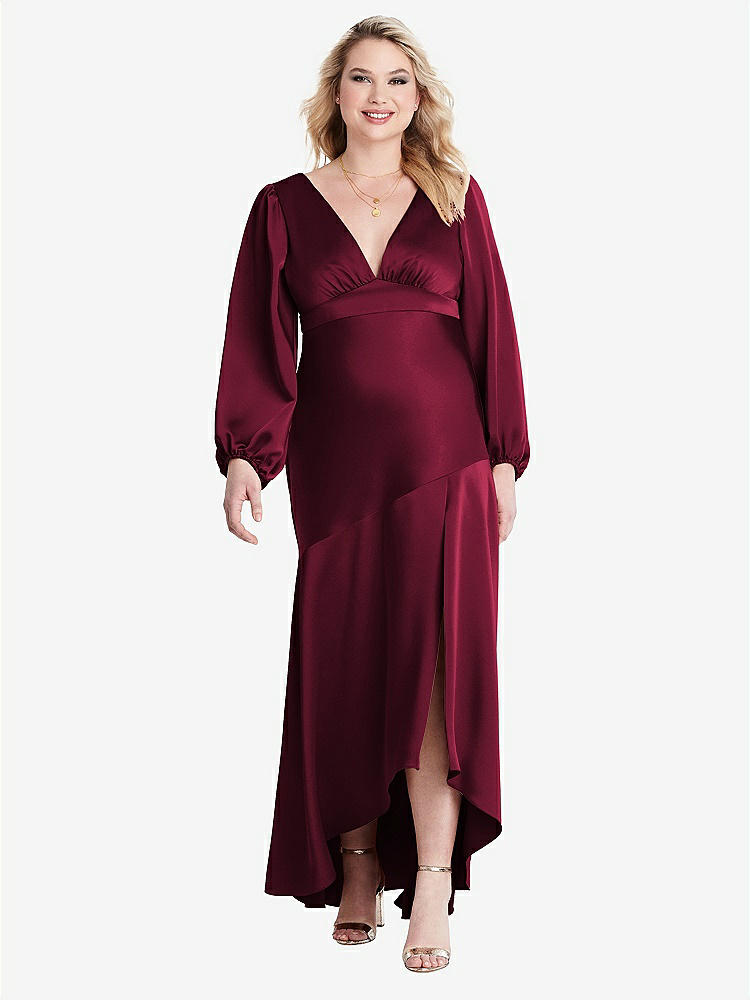 【NEW】【STYLE: LB008】パフ スリーブ 非対称 ドロップ ウエスト ハイロー スリップ ドレス - ティーガン【COLOR: Cabernet】【SIZE: 00-30W】