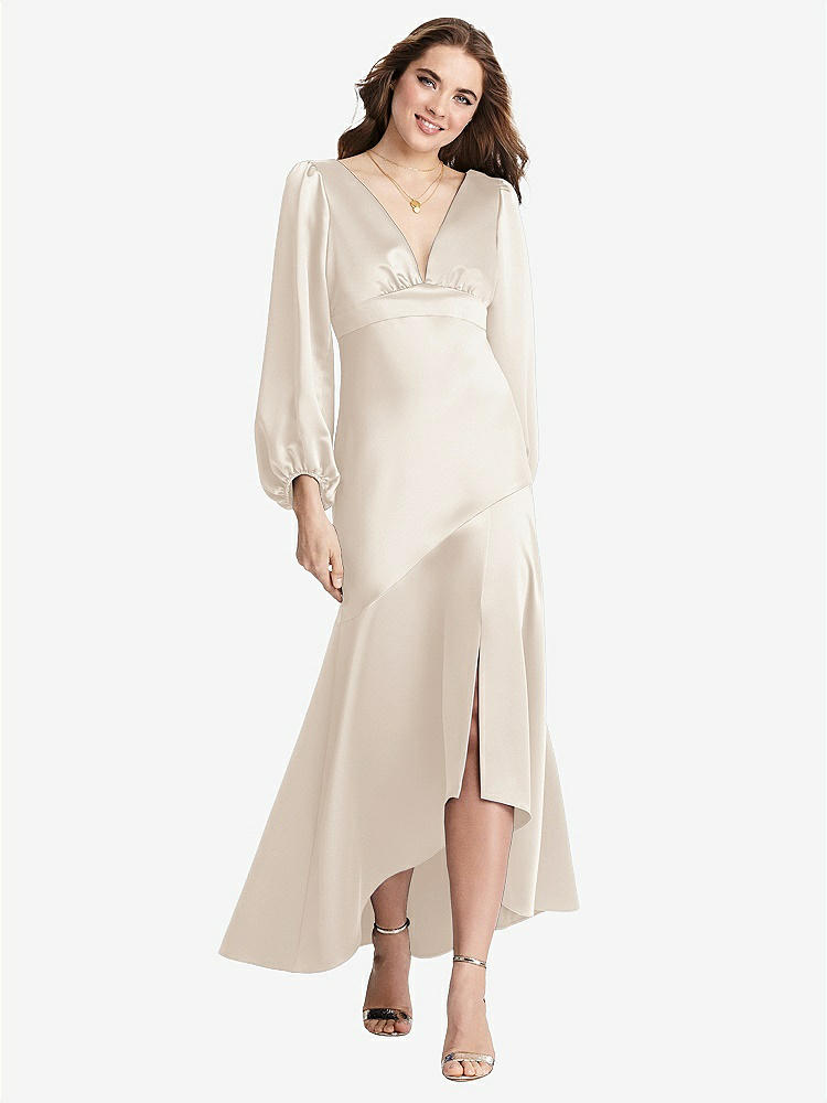 【STYLE: LB008】Puff Sleeve Asymmetrical Drop Waist High-Low Slip Dress - Teagan【COLOR: Oat】