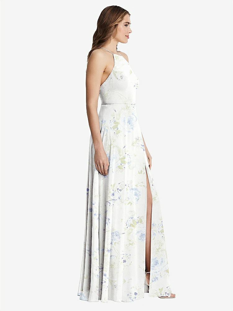 【STYLE: LB010】High Neck Chiffon Maxi Dress with Front Slit - Lela【COLOR: Bleu Garden】