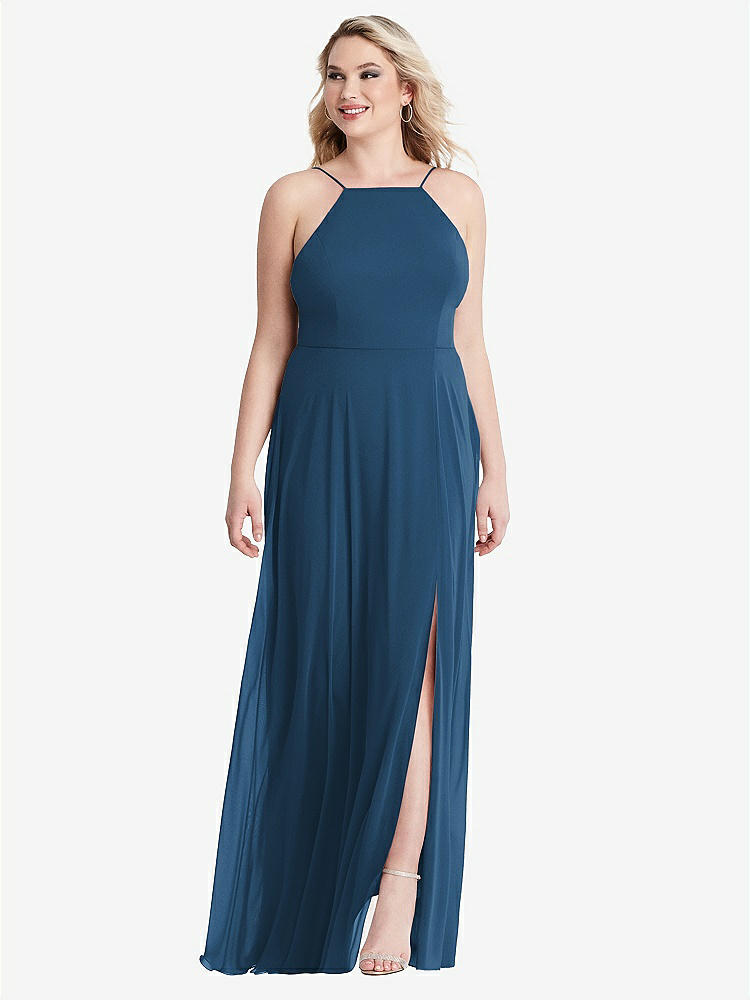 【STYLE: LB010】High Neck Chiffon Maxi Dress with Front Slit - Lela【COLOR: Dusk Blue】