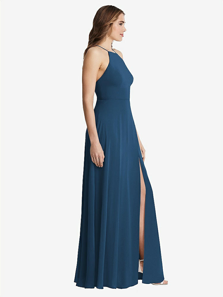 【STYLE: LB010】High Neck Chiffon Maxi Dress with Front Slit - Lela【COLOR: Dusk Blue】