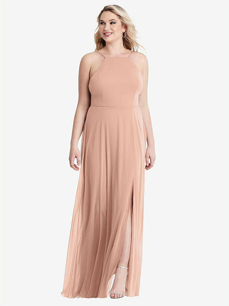 【STYLE: LB010】High Neck Chiffon Maxi Dress with Front Slit - Lela【COLOR: Pale Peach】