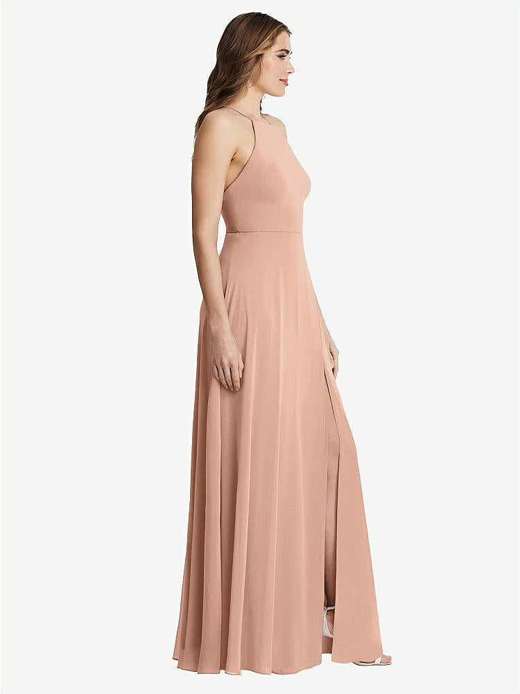 【STYLE: LB010】High Neck Chiffon Maxi Dress with Front Slit - Lela【COLOR: Pale Peach】