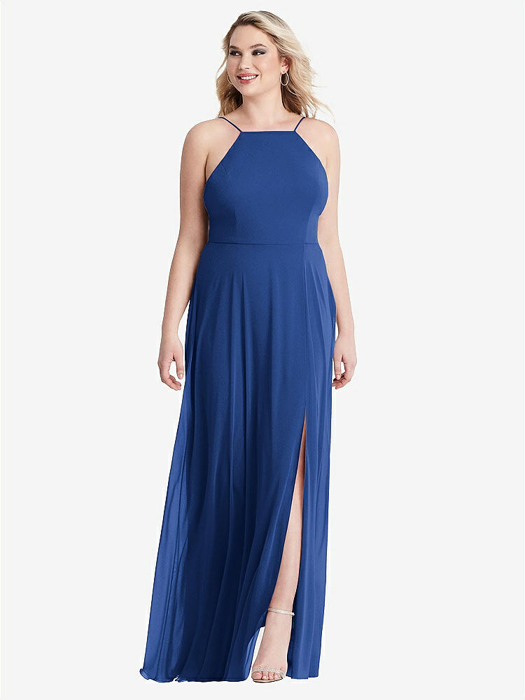 【STYLE: LB010】High Neck Chiffon Maxi Dress with Front Slit - Lela【COLOR: Classic Blue】