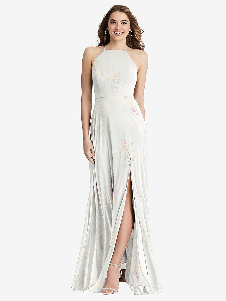 【STYLE: LB010】High Neck Chiffon Maxi Dress with Front Slit - Lela【COLOR: Spring Fling】