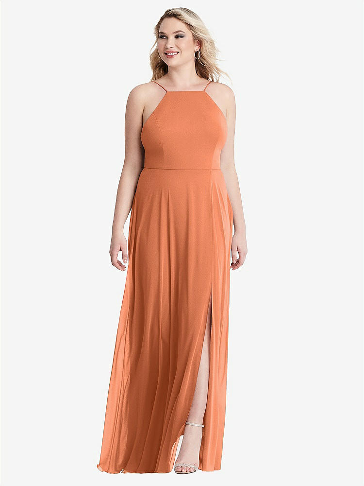 【STYLE: LB010】High Neck Chiffon Maxi Dress with Front Slit - Lela【COLOR: Sweet Melon】