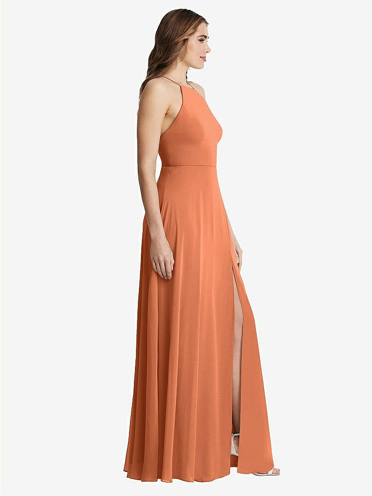 【STYLE: LB010】High Neck Chiffon Maxi Dress with Front Slit - Lela【COLOR: Sweet Melon】