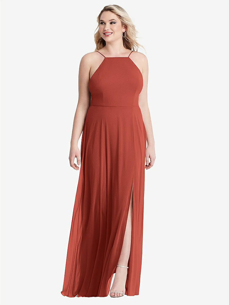 【STYLE: LB010】High Neck Chiffon Maxi Dress with Front Slit - Lela【COLOR: Amber Sunset】