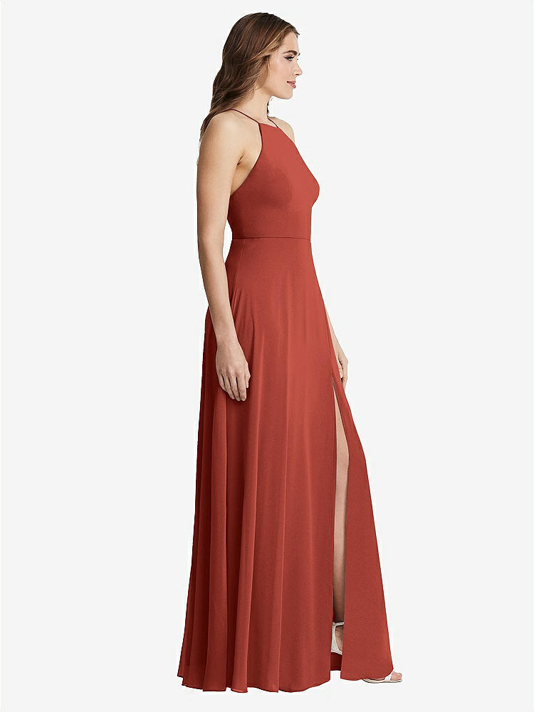 【STYLE: LB010】High Neck Chiffon Maxi Dress with Front Slit - Lela【COLOR: Amber Sunset】