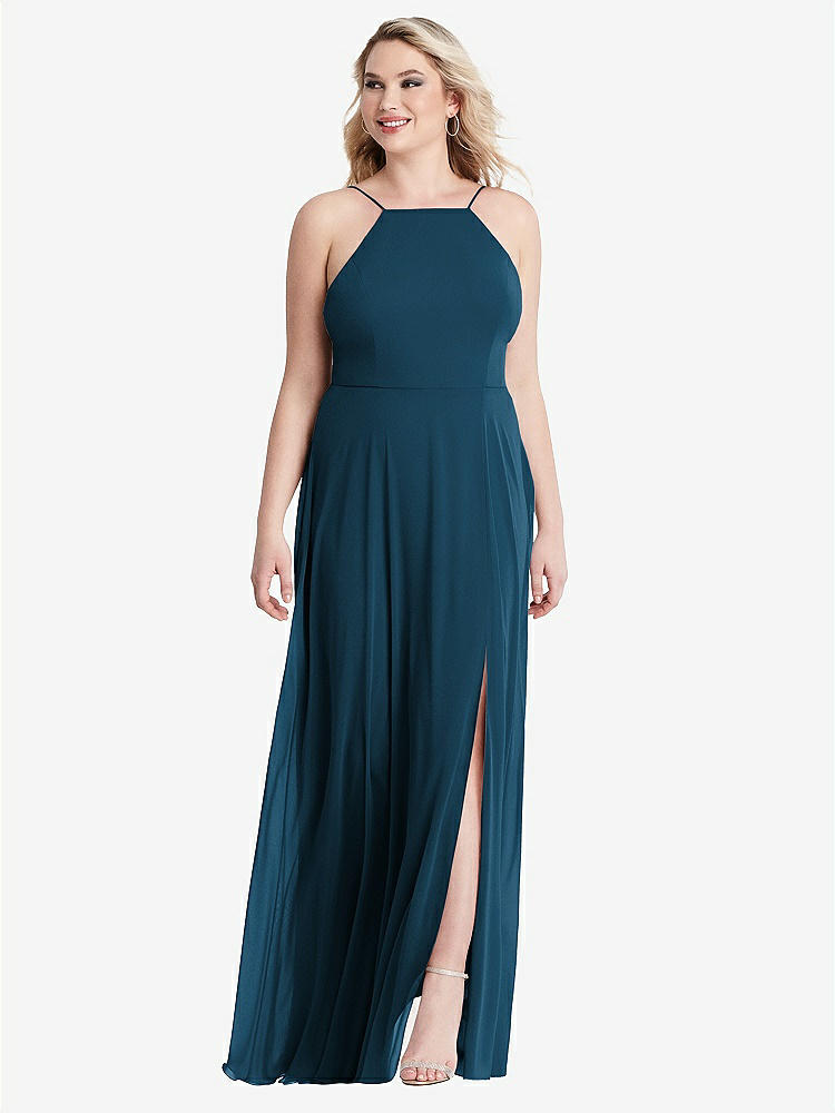 【STYLE: LB010】High Neck Chiffon Maxi Dress with Front Slit - Lela【COLOR: Atlantic Blue】