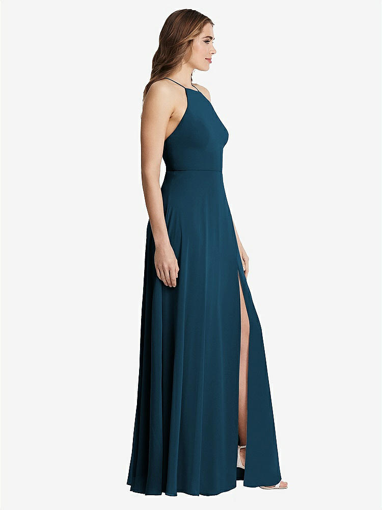 【STYLE: LB010】High Neck Chiffon Maxi Dress with Front Slit - Lela【COLOR: Atlantic Blue】
