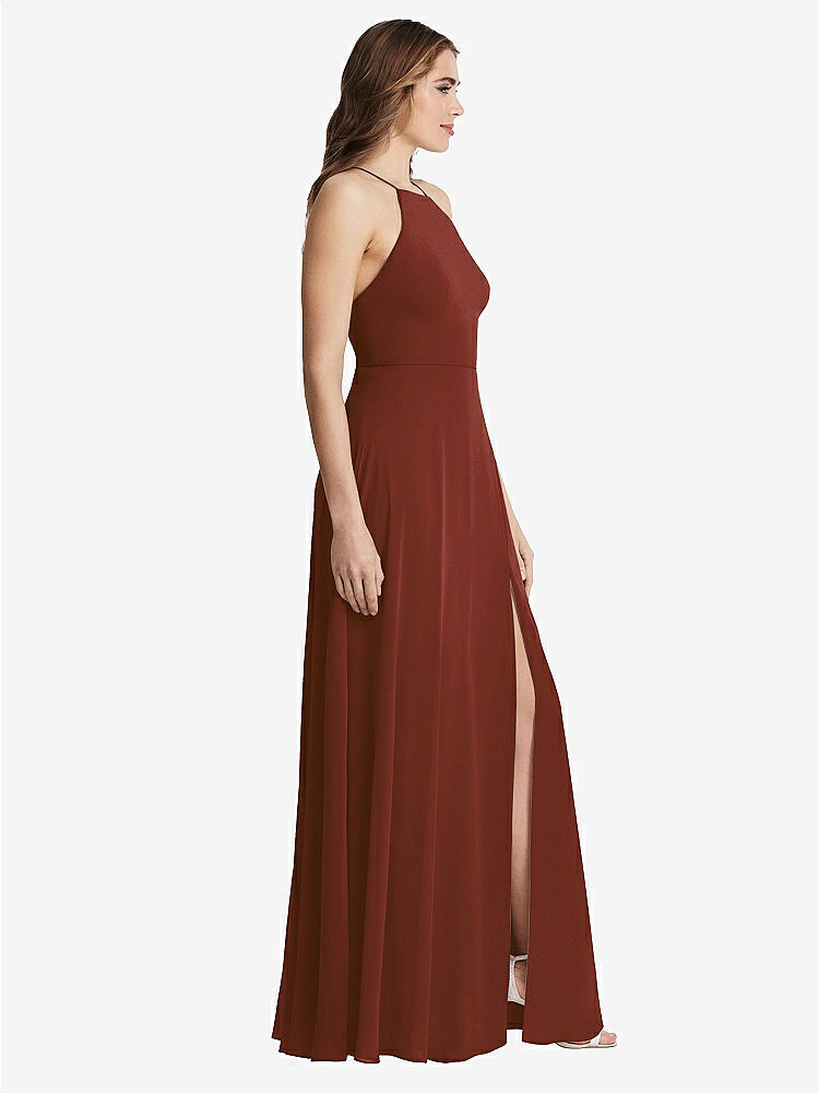 【STYLE: LB010】High Neck Chiffon Maxi Dress with Front Slit - Lela【COLOR: Auburn Moon】