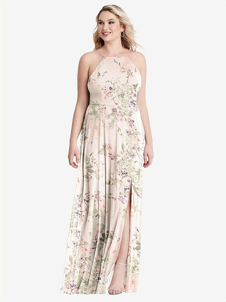 【STYLE: LB010】High Neck Chiffon Maxi Dress with Front Slit - Lela【COLOR: Blush Garden】